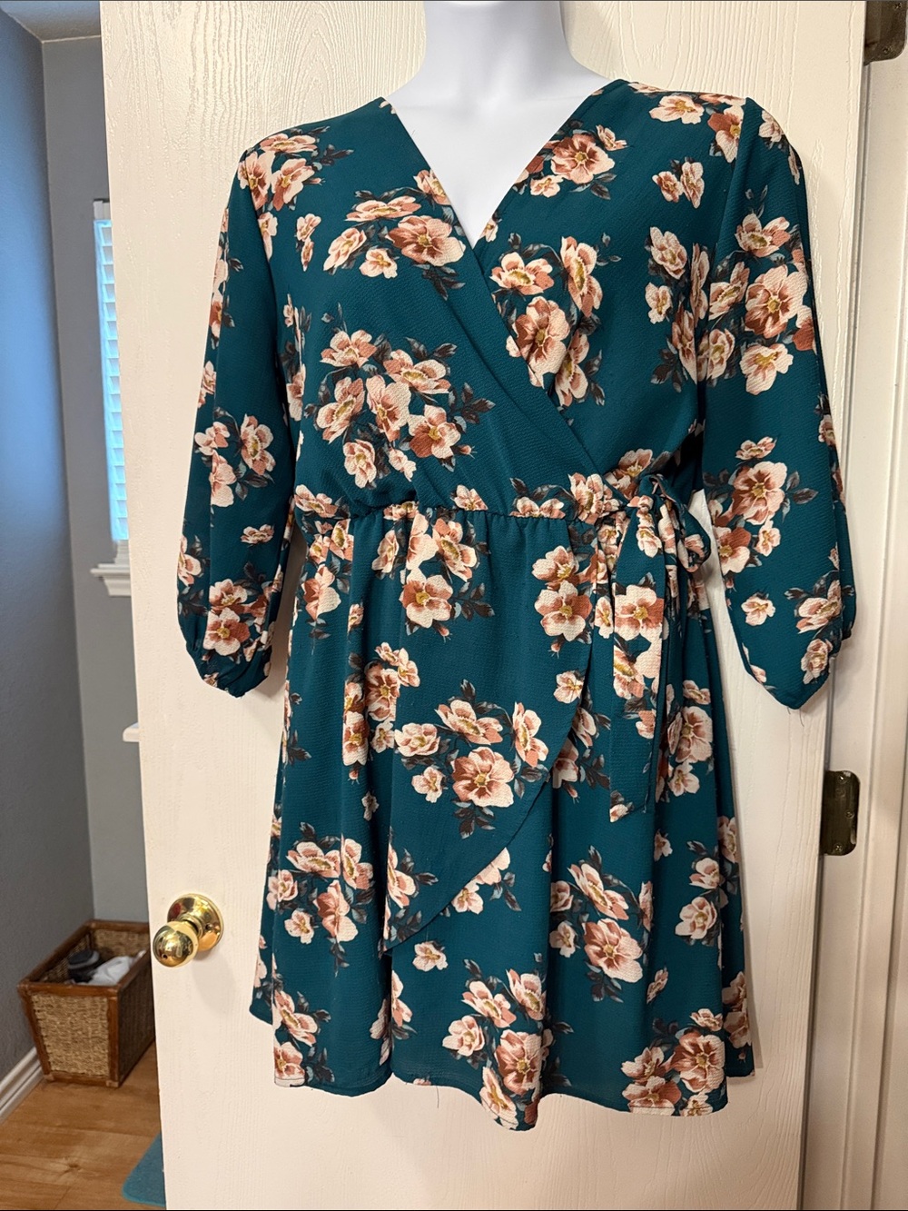 Floral Wrap V-Neck Teal Dress